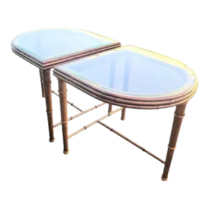 Vintage Metal Faux Bamboo Glass Top Separated Oval Bronze Finish Side Coffee Tables- a Pair
