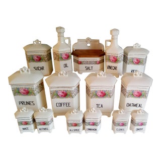 Antique Deco Canister Set Complete! Cruets Saltbox 14 Pieces Plus Lids 1920's For Sale