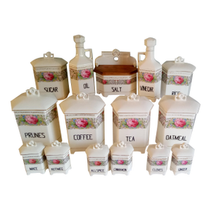 Antique Deco Canister Set Complete! Cruets Saltbox 14 Pieces Plus Lids 1920's