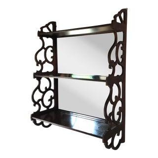 Vintage Mahogany Fretted Mirrored Three Tier Wall Shelf For Sale