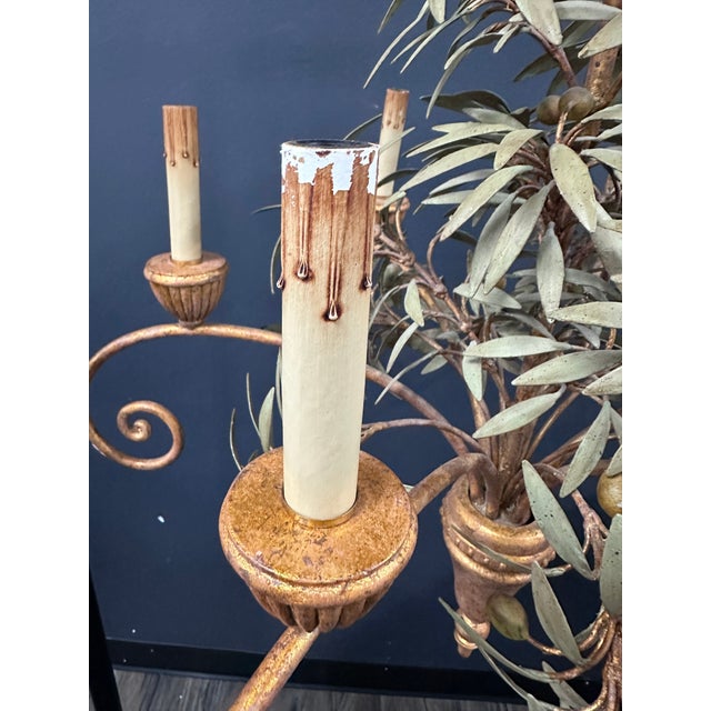 French Country Vintage Tole Olive and Olive Leaf Chandelier For Sale - Image 3 of 9