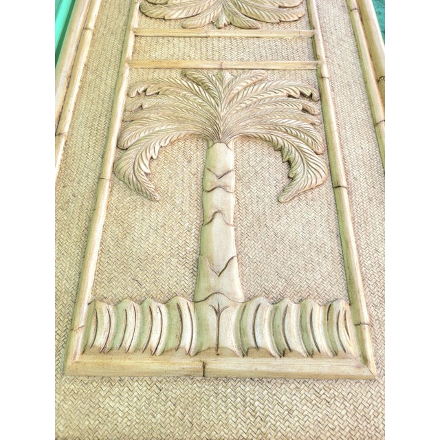 Vintage Coastal Regency Double Palm Tree Carved Wicker Bamboo Desk Dining Table For Sale - Image 9 of 12
