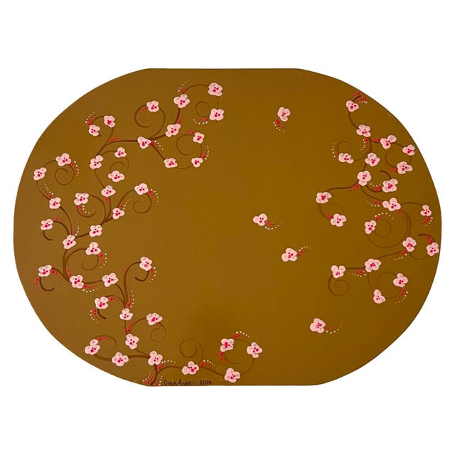 Vintage Whimsical Hand-Painted Cherry Blossom Placemats, Mixed Blush & Bronze, Set of 7 For Sale - Image 4 of 12