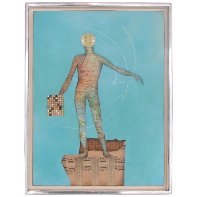 1962 Modernist Map Man on Musical Score with Blue Field Dated Collage Art For Sale - Image 9 of 9