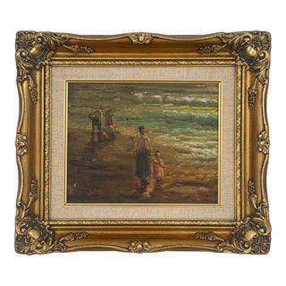 Antique Italian Mother & Child Beach Scene Oil Painting, Salvaged Fragment For Sale