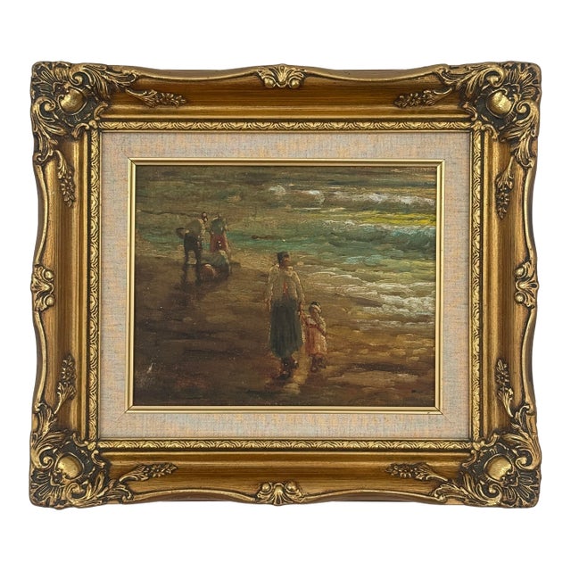 Antique Italian Mother & Child Beach Scene Oil Painting, Salvaged Fragment For Sale