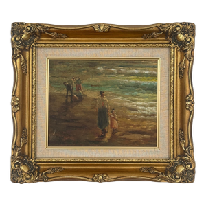 Antique Italian Mother & Child Beach Scene Oil Painting, Salvaged Fragment