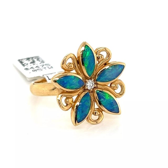 Contemporary Kabana Diamond Fire Opal 14k Yellow Gold Flower Ring, Size 7.25 For Sale - Image 3 of 7