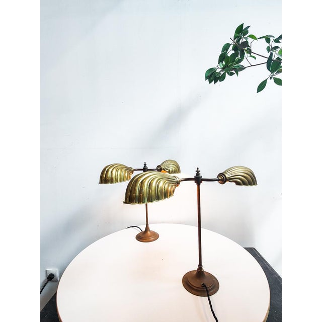 Art Deco English Brass Double Shell Shade Desk Light, 1920s For Sale - Image 6 of 8