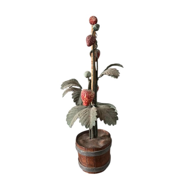 Vintage Italian Tole Peinte Potted Strawberry Plant Sculpture / Toleware Floral / Flower Arrangement, Made in Italy, a Pair For Sale - Image 9 of 12