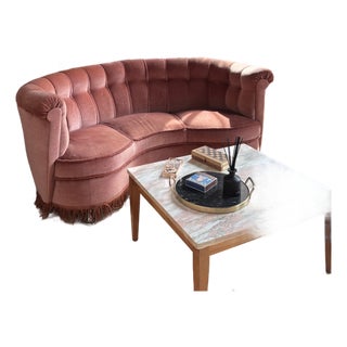 Vintage 1940s Danish-Style Curved Mohair Sofa For Sale