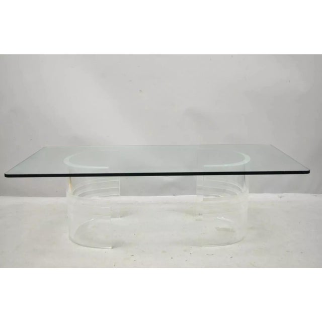 Mid-Century Modern Curved Lucite Double Pedestal Rectangular Glass Coffee Table For Sale - Image 12 of 12