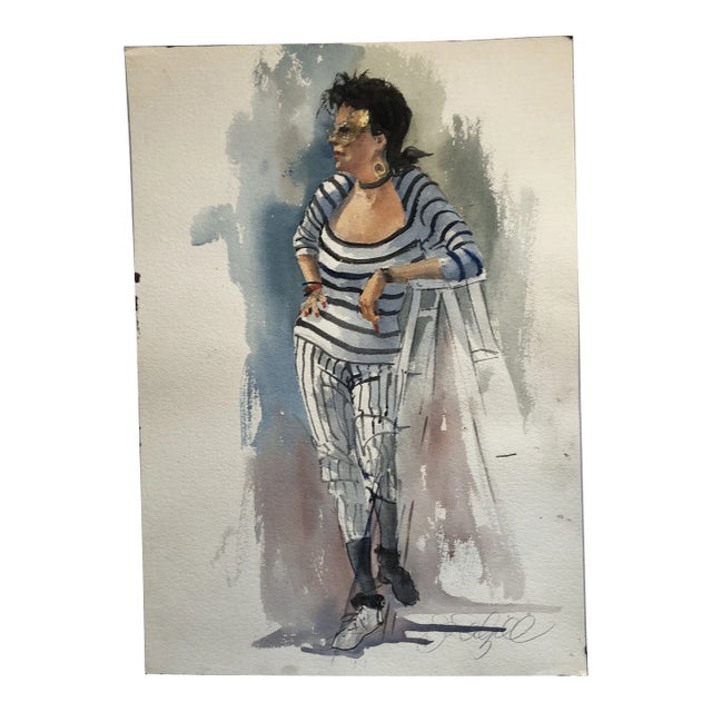 Original Vintage Female in Mask Portrait Watercolor Painting Signed For Sale