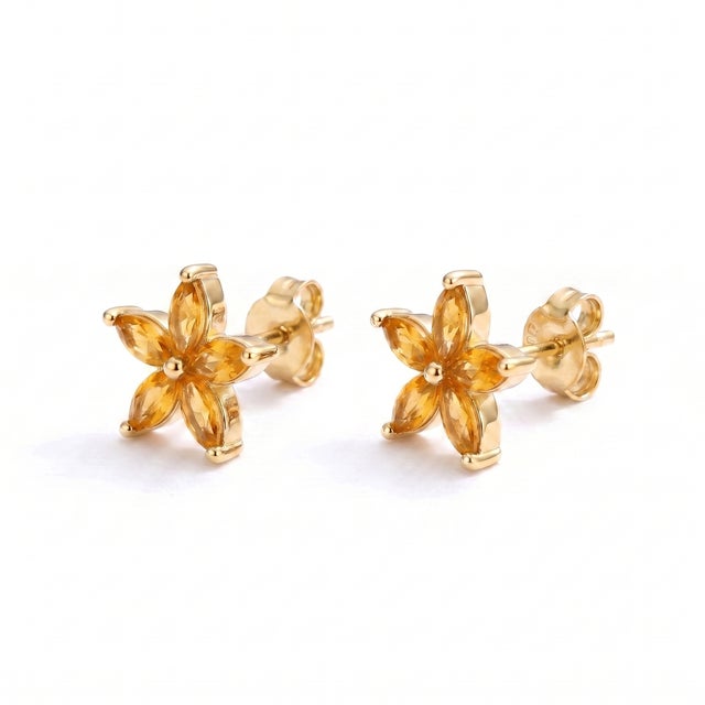 Dainty Citrine Flower Stud Earrings, Floral Gemstone Earrings, Jewelry Gift for Her - A Pair For Sale - Image 4 of 5