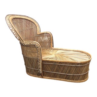 Vintage Bohemian Wicker Fan Back Chaise Lounge For Sale