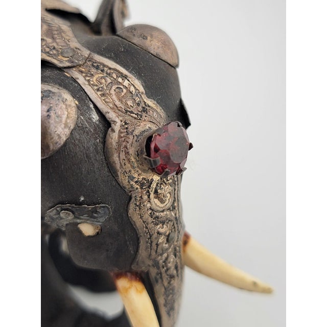 Rare Antique Indian Ebony Silver Overlay Jeweled Elephant W Real Ruby Stone. For Sale - Image 9 of 18