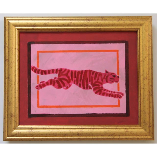 A tiger in shades pink, burgundy, raspberry red, orange. with a triple border. Abstract, Minimalism, Folk Art, Pop Art,...
