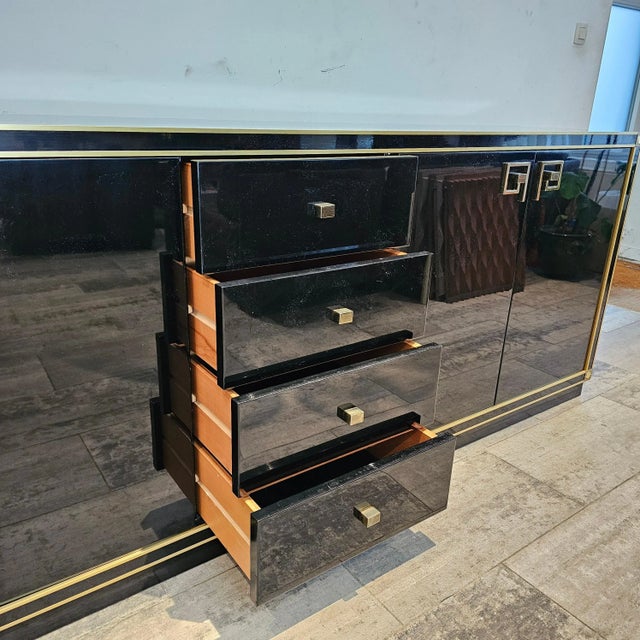 Black Black Lacquered Credenza with Brass Details, 1980 For Sale - Image 8 of 12