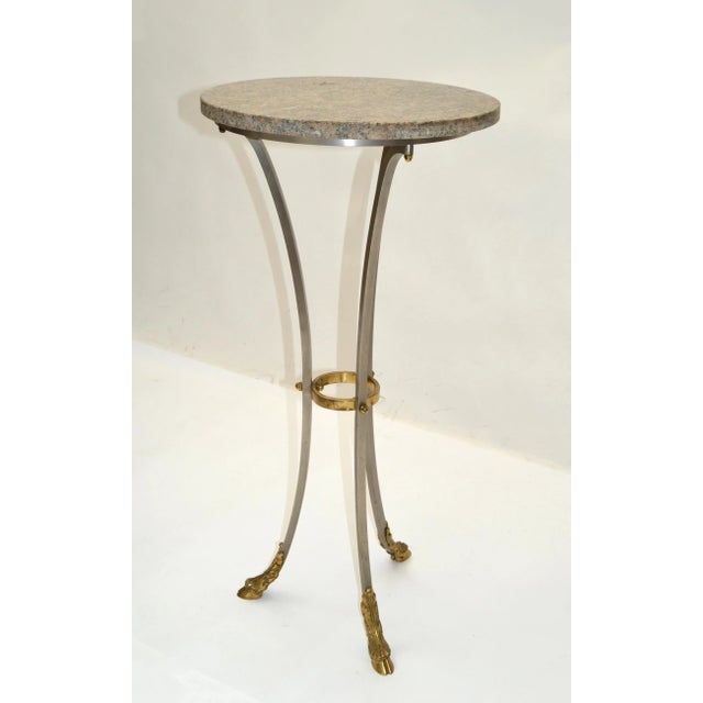 1960s Maison Jansen French Neoclassical Steel & Bronze Hoof Feet Pedestal Drink Table For Sale - Image 5 of 13