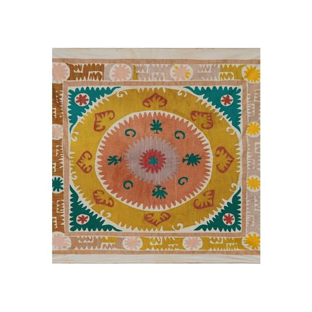 Artisan Suzani Table Cover, Vintage Uzbek Textile in Warm Tones 4'1'' X 4'5'' For Sale - Image 4 of 10