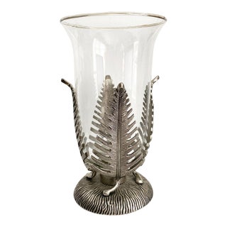 1990s Silver Feather Leaves Fern Candle Holder Hurricane Light Taper Pillar Glass For Sale
