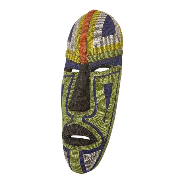 Handcrafted African Glass Beaded Carved Wood Mask For Sale