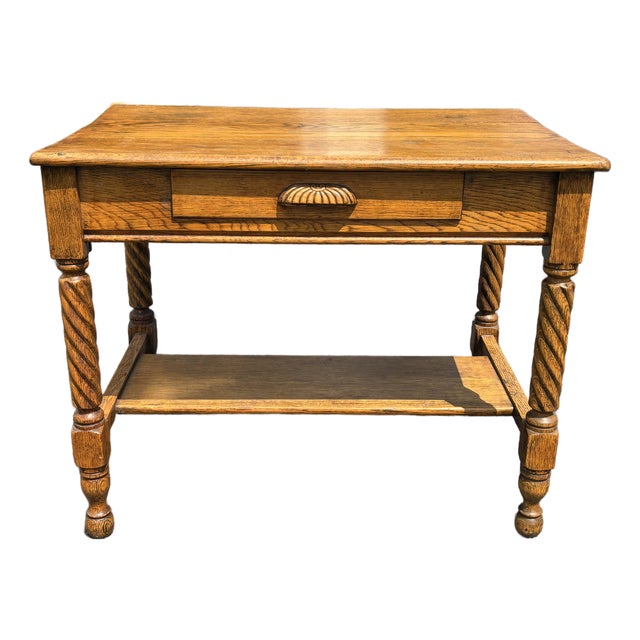 19th C. Tiger Oak One-Drawer Library Table - Twist Legs + Highly Detailed For Sale