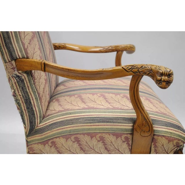 Mid 20th Century Vintage Georgian Style Carved Mahogany Figural Faces Paw Foot Lounge Arm Chair For Sale - Image 4 of 11
