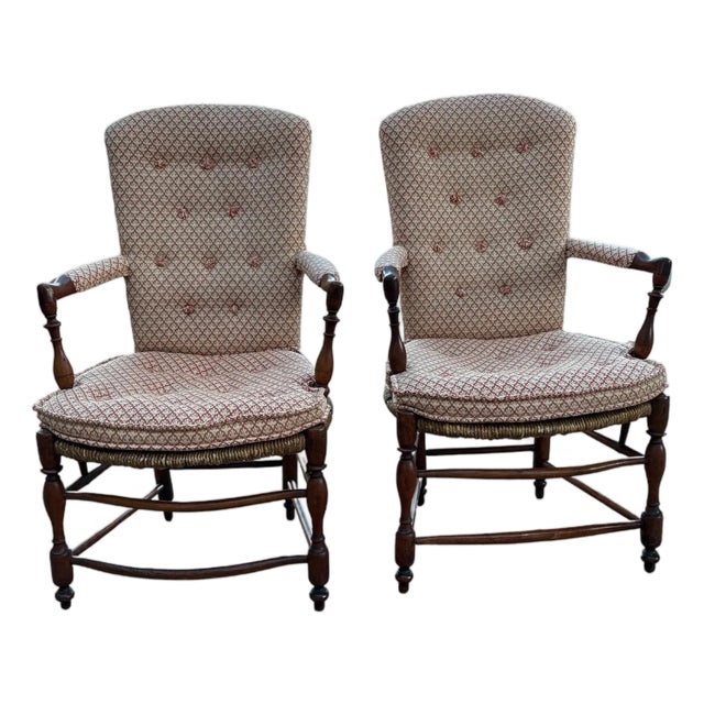Pair of Antique French Provincial Style Upholstered Rush-Seat Armchairs For Sale