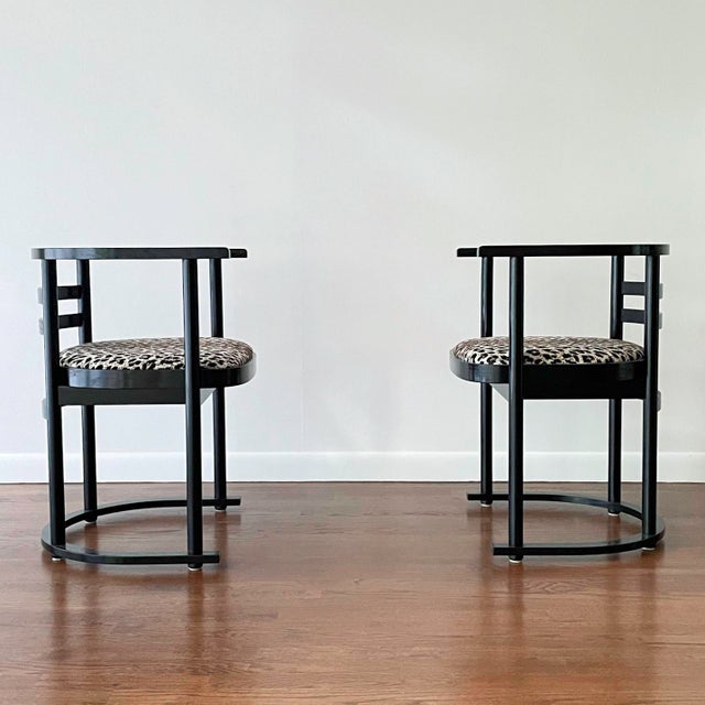Fantastic pair of vintage half-moon chairs attributed to Josef Hoffmann. Done in the classic Hoffman manner with a black...
