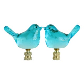 Glass Bluebird Lamp Finial on Brass Hardware - A Pair For Sale