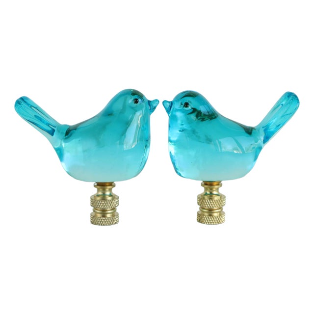 Glass Bluebird Lamp Finial on Brass Hardware - A Pair For Sale