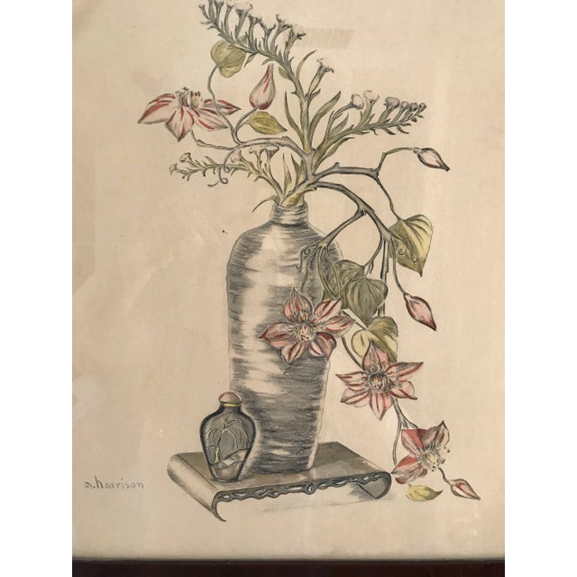 Vintage still life. A chinoiserie painting signed by artist, A. Harrison. Delicately executed in ink and water color....