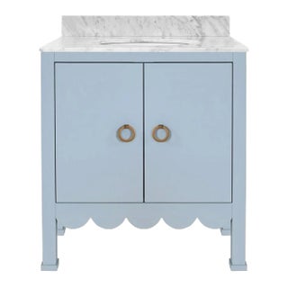 Matthew Izzo Home Kealey Matte Light Blue Lacquer, Two Door, Single Sink Bathroom Vanity - Carrara Marble Top, Porcelain Sink, Brass Hardware For Sale