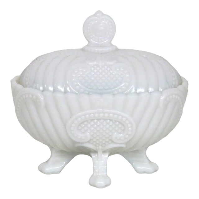 Portieux Vallerysthal White Opaline Milk Glass French Candy Dish With Lid 4733b For Sale