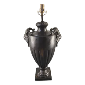 Vintage Neoclassical Oiled Bronze Mythological God Pan Figural Rams Head Urn Table Lamp
