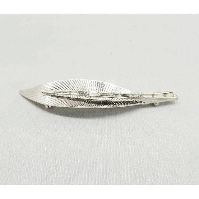 Metal Vintage Late 1950s Signed Boucher Rhodium Plated Rhinestone Leaf Brooch For Sale - Image 7 of 8