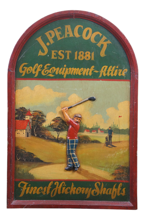 J. Peacock Golf Equipment Fine Hickory Shafts Advertising Sign Plaque 36"