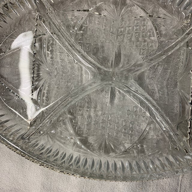 Libbey Glass Co. Vintage 4-Section Cut Glass Relish Dish With Silver-Plated Carrier Frame For Sale - Image 4 of 4