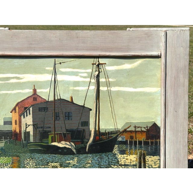 English 1940s Louis Thompson Rockport School Harbor Scene Oil Painting For Sale - Image 3 of 10