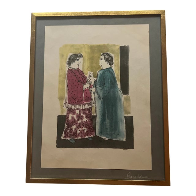 Mid Century Argentinian Ladies Signed Framed Lithograph by Hector Basaldua For Sale