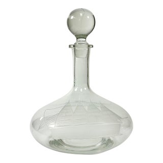 1970s Vintage Nautical Coastal Hollywood Regency Etched Four Mast Ship Crystal Decanter. For Sale