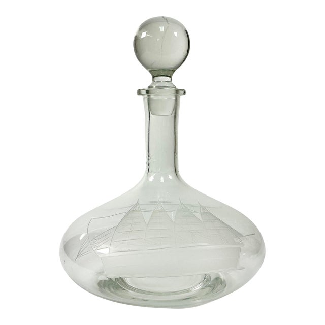 1970s Vintage Nautical Coastal Hollywood Regency Etched Four Mast Ship Crystal Decanter. For Sale
