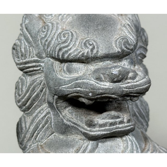 Chinoiserie Chinese Stone Guardian Lions Foo Dogs Temple Sculptures - A Pair For Sale - Image 3 of 9