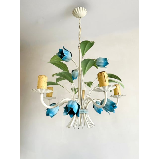 French Blue Tole Tulip 5-Light Chandelier, 1960s For Sale - Image 4 of 18