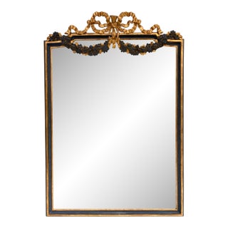 Late 20th Century Italian Giltwood Mirror With Blue Painted Details and Floral Swags For Sale