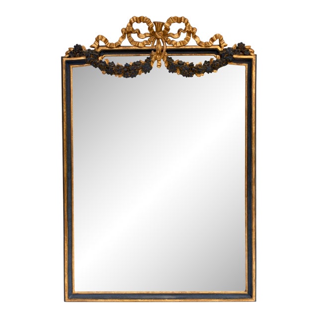 Late 20th Century Italian Giltwood Mirror With Blue Painted Details and Floral Swags For Sale