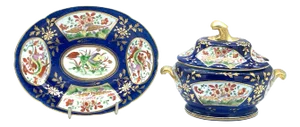 Chamberlains Worcester 'Africa' Pattern Cobalt Diminutive Tureen & Platter - Set of 3