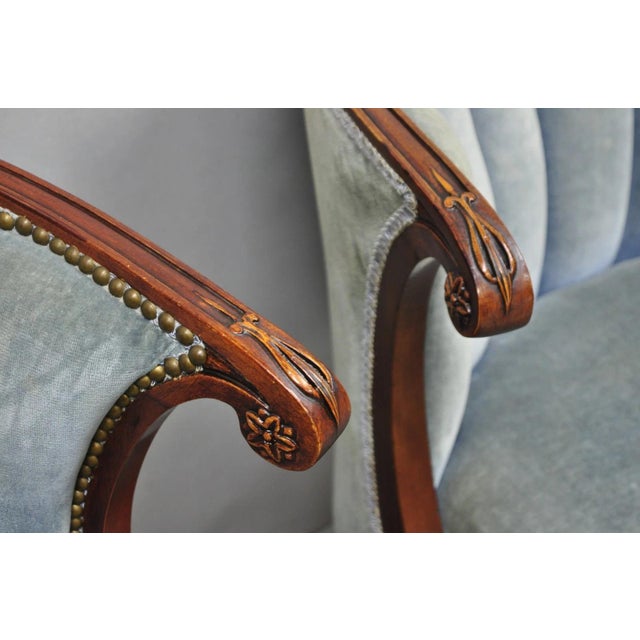Vintage French Hollywood Regency Mahogany Saber Leg Parlor Lounge Chair - A Pair For Sale In Philadelphia - Image 6 of 16
