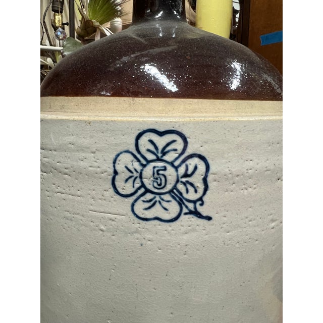 Farmhouse Antique Stoneware Crock /Jug With Blue Clover 5 Gallon For Sale - Image 3 of 8
